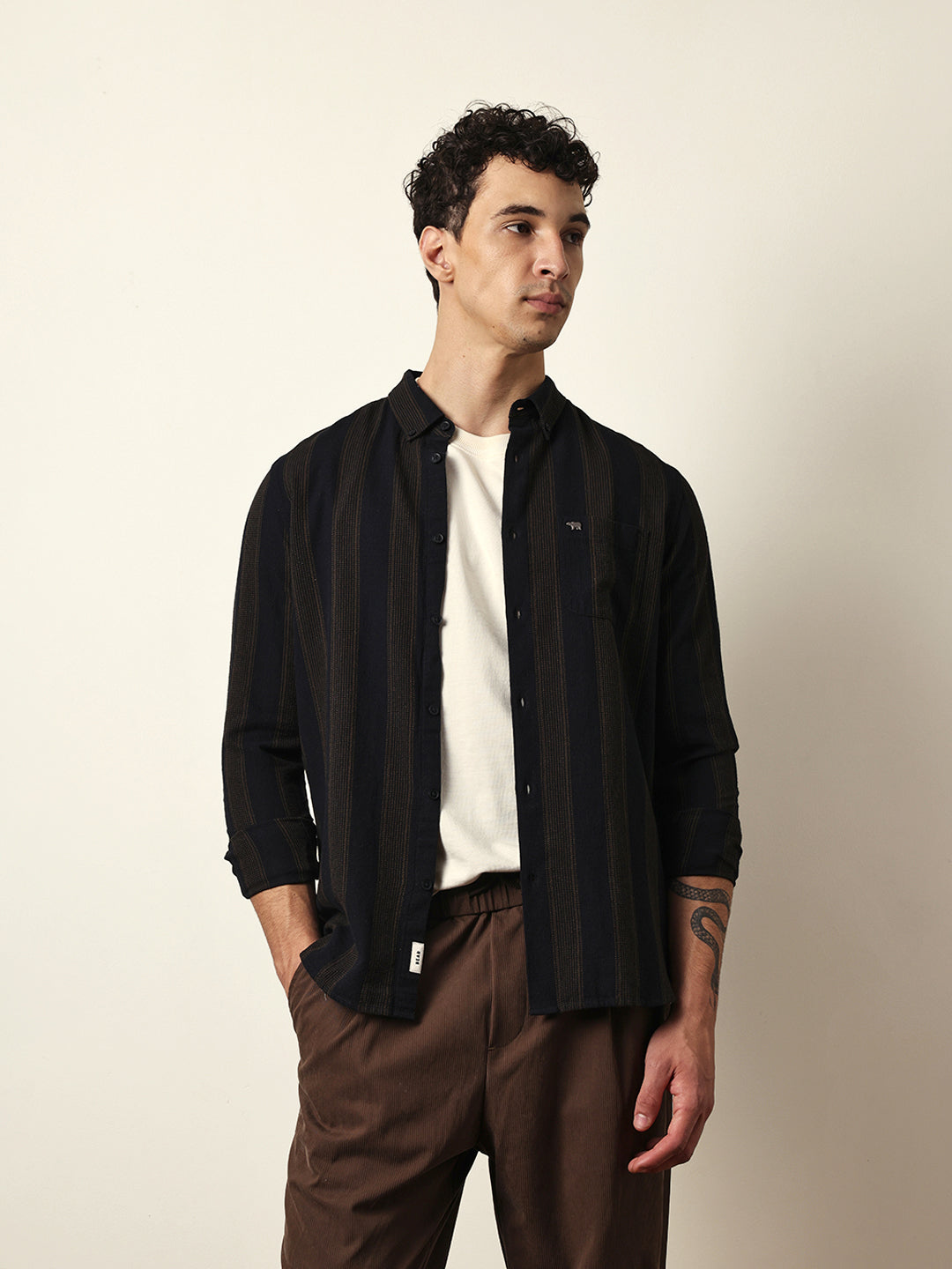 Black with Brown Woven Vertical Stripes Slim Fit Casual Shirt