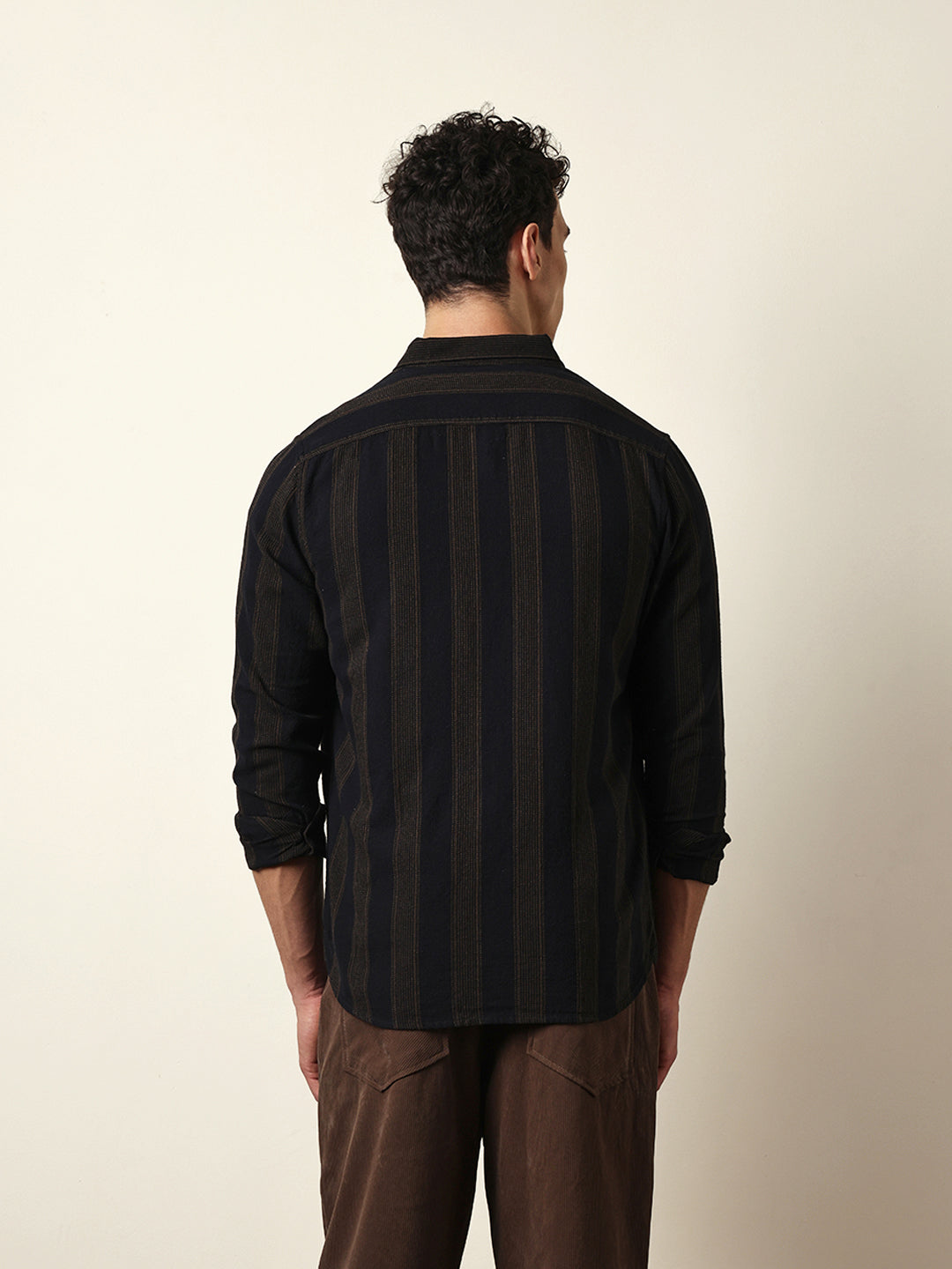 Black with Brown Woven Vertical Stripes Slim Fit Casual Shirt