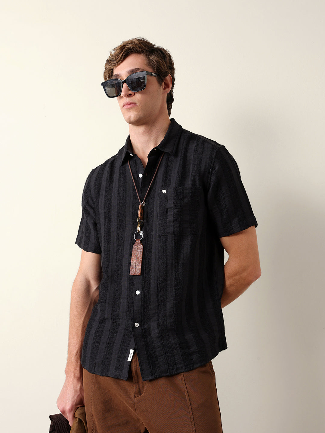 Black Vertical Stripe Dobby Woven Regular Fit Casual Shirt