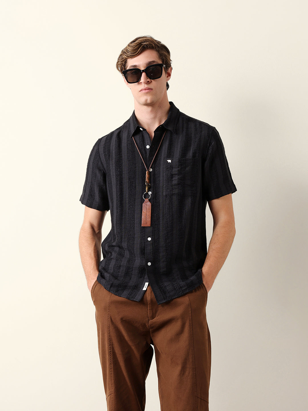 Black Vertical Stripe Dobby Woven Regular Fit Casual Shirt