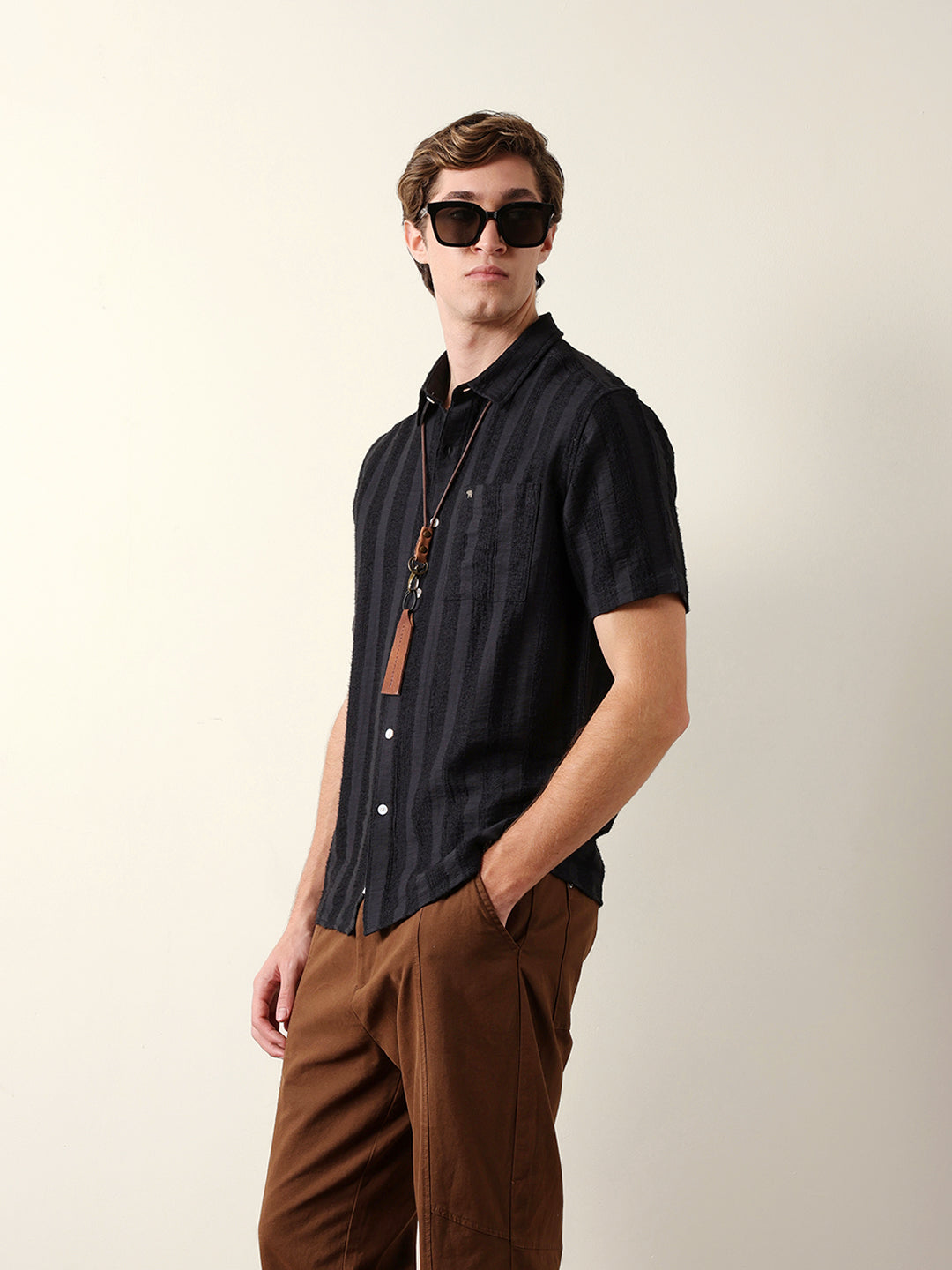 Black Vertical Stripe Dobby Woven Regular Fit Casual Shirt