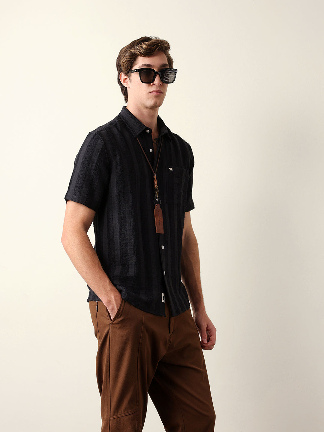 Black Vertical Stripe Dobby Woven Regular Fit Casual Shirt