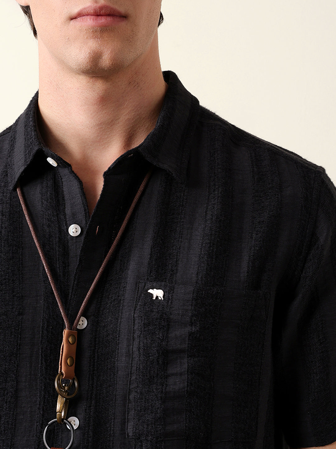 Black Vertical Stripe Dobby Woven Regular Fit Casual Shirt
