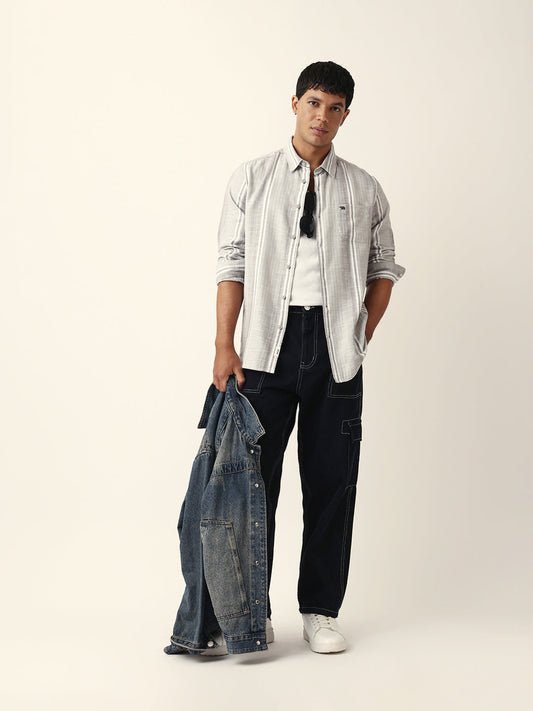 Grey & White Herringbone Striped Slim Fit Casual Shirt