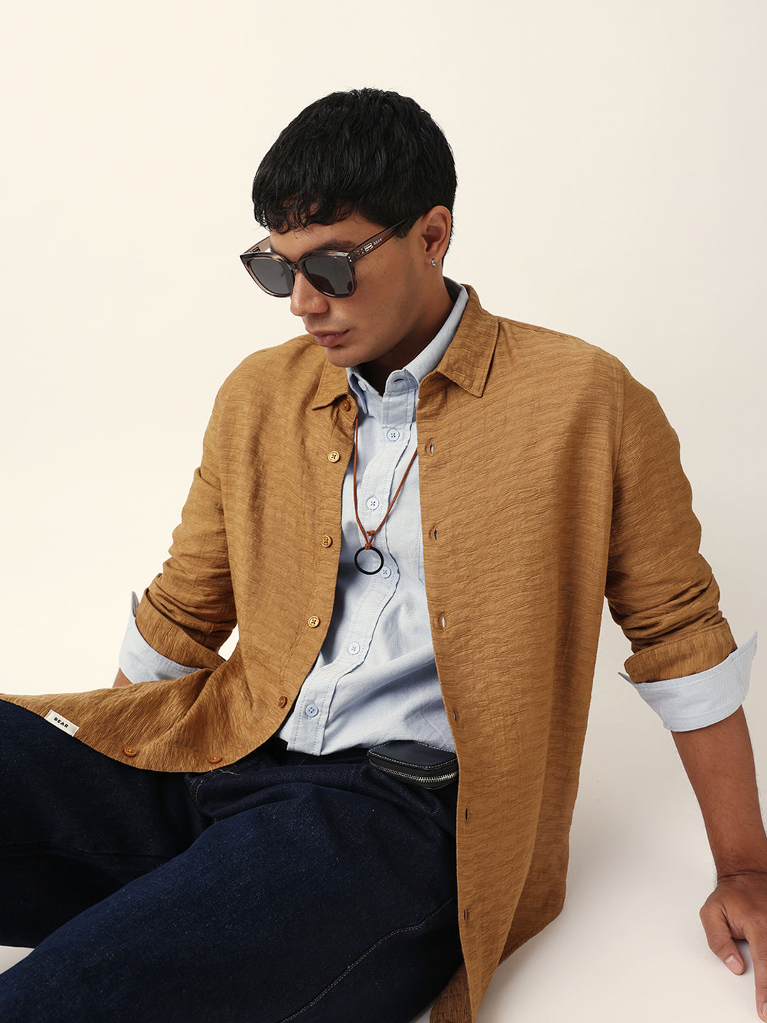 Beige Textured Woven Striped Slim Fit Casual Shirt