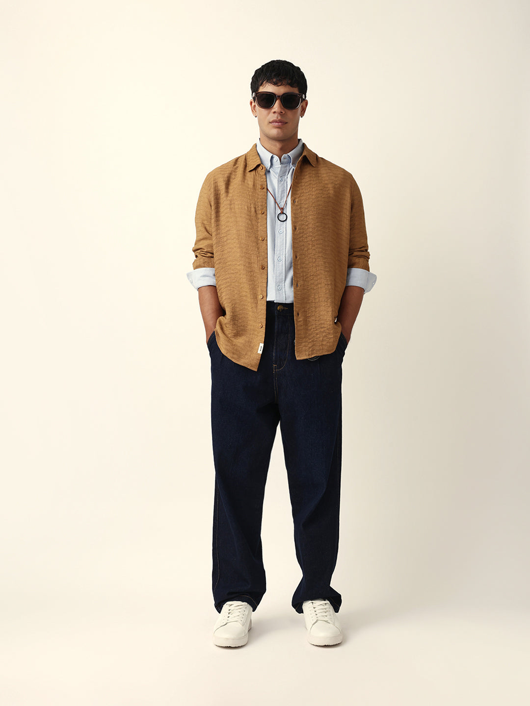 Beige Textured Woven Striped Slim Fit Casual Shirt