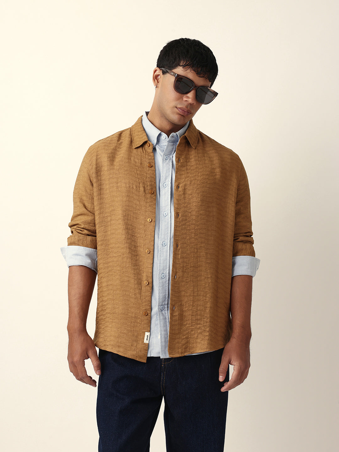 Beige Textured Woven Striped Slim Fit Casual Shirt