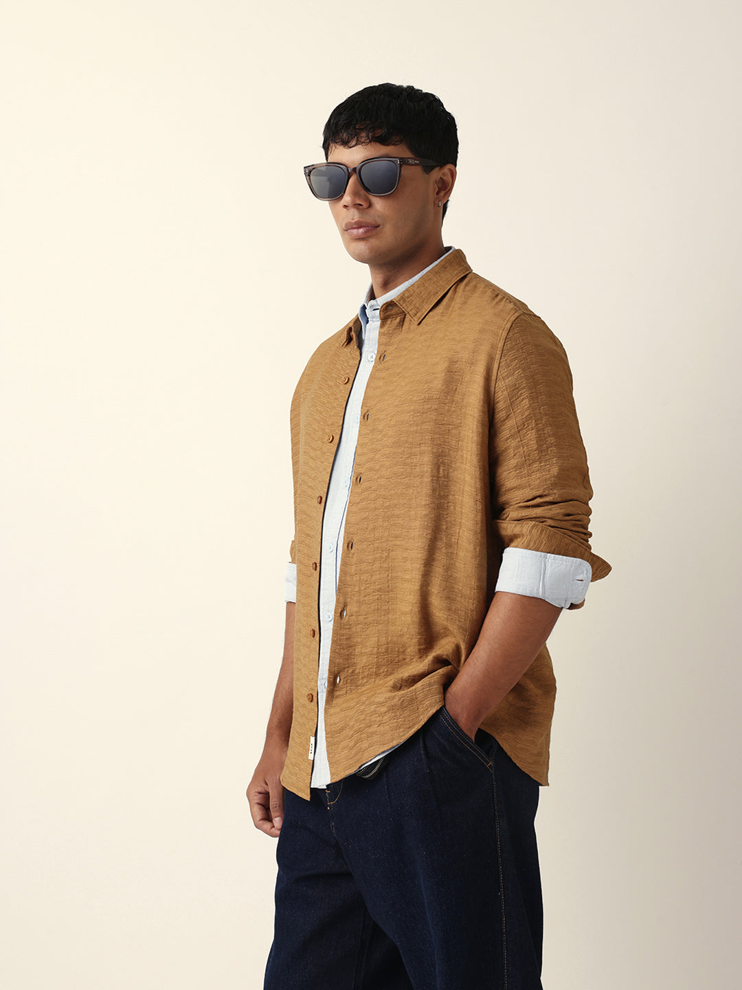 Beige Textured Woven Striped Slim Fit Casual Shirt