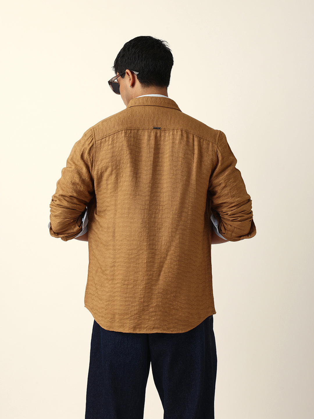 Beige Textured Woven Striped Slim Fit Casual Shirt