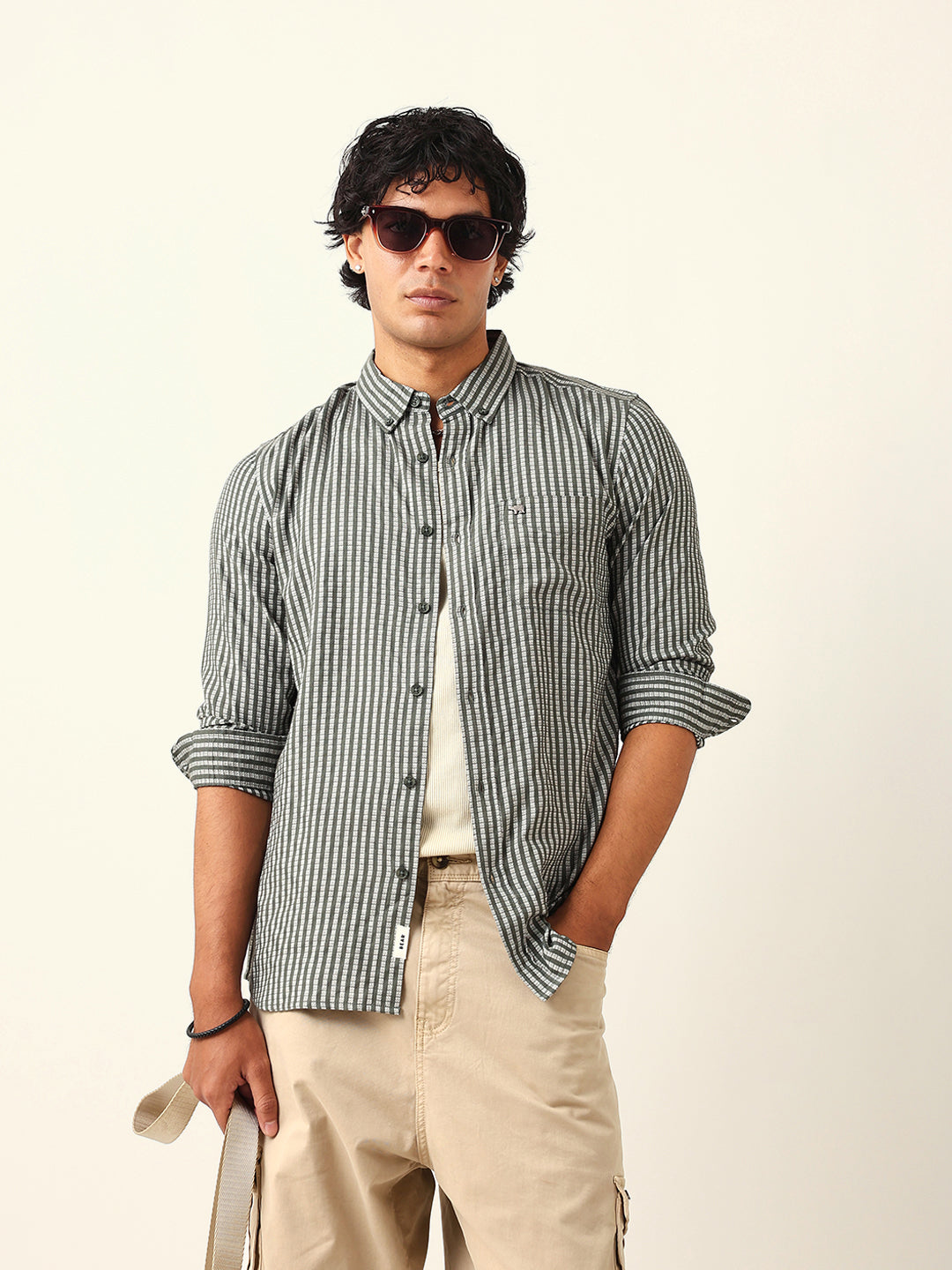 Olive & White Vertical Woven Striped Slim Fit Casual Shirt