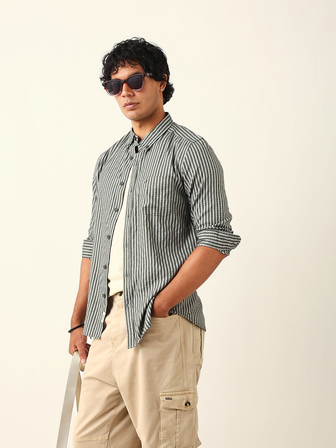 Olive & White Vertical Woven Striped Slim Fit Casual Shirt
