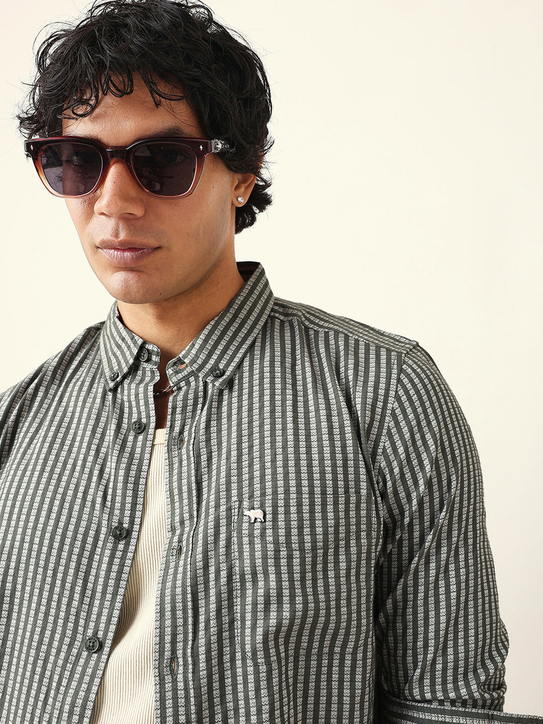 Olive & White Vertical Woven Striped Slim Fit Casual Shirt