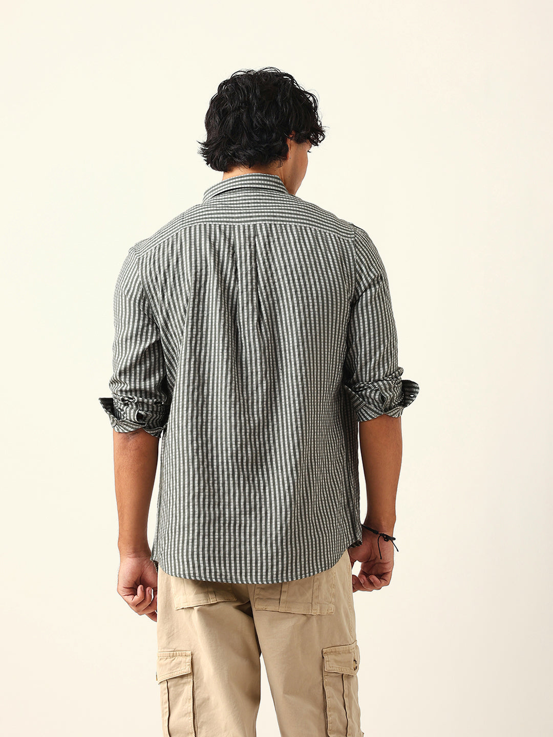 Olive & White Vertical Woven Striped Slim Fit Casual Shirt