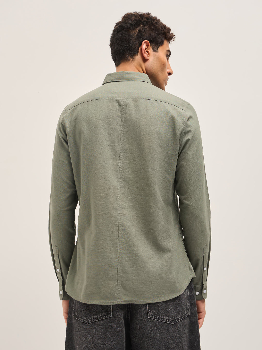 Olive Cotton Linen Slim Fit Solid Casual Shirt