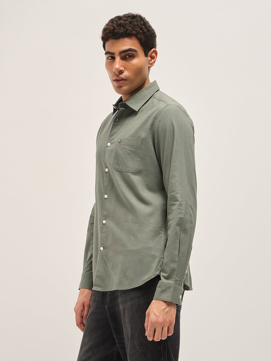 Olive Cotton Linen Slim Fit Solid Casual Shirt