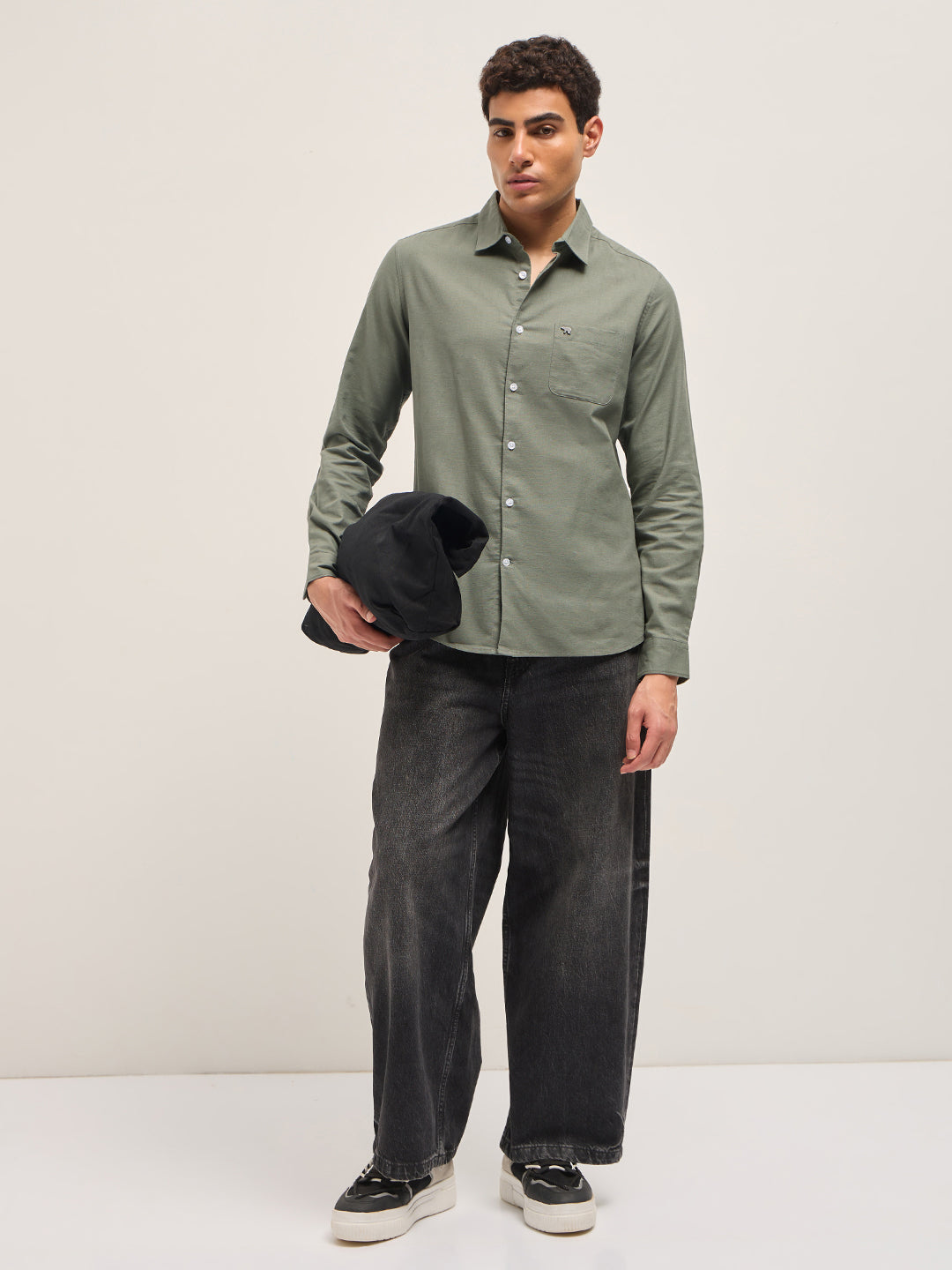 Olive Cotton Linen Slim Fit Solid Casual Shirt