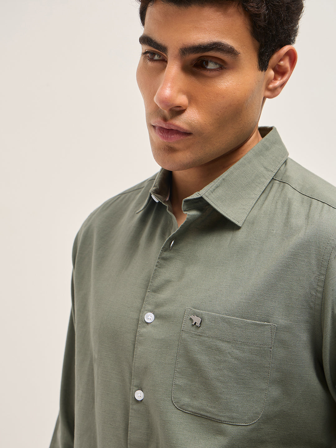 Olive Cotton Linen Slim Fit Solid Casual Shirt