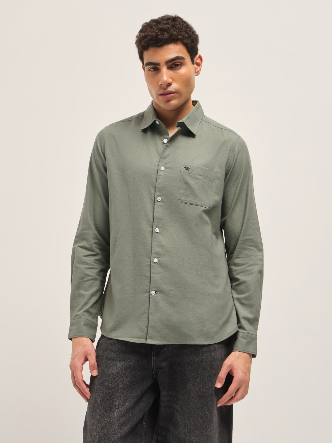Olive Cotton Linen Slim Fit Solid Casual Shirt