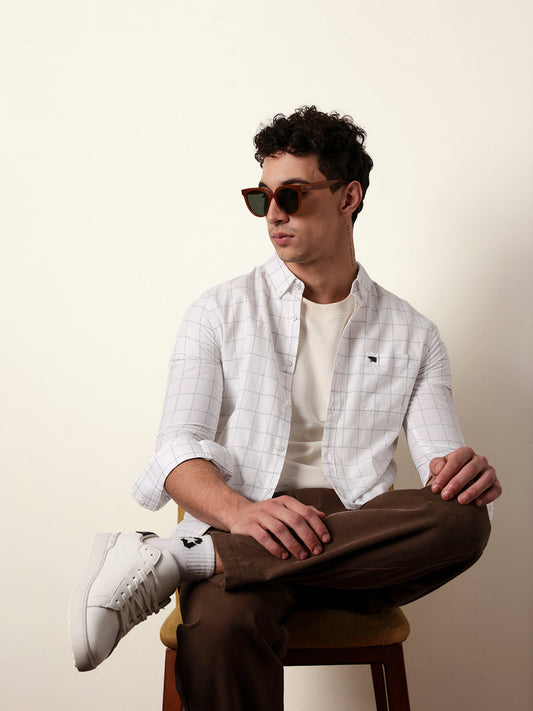 White Slim Fit Casual Shirt with Woven Block Checks