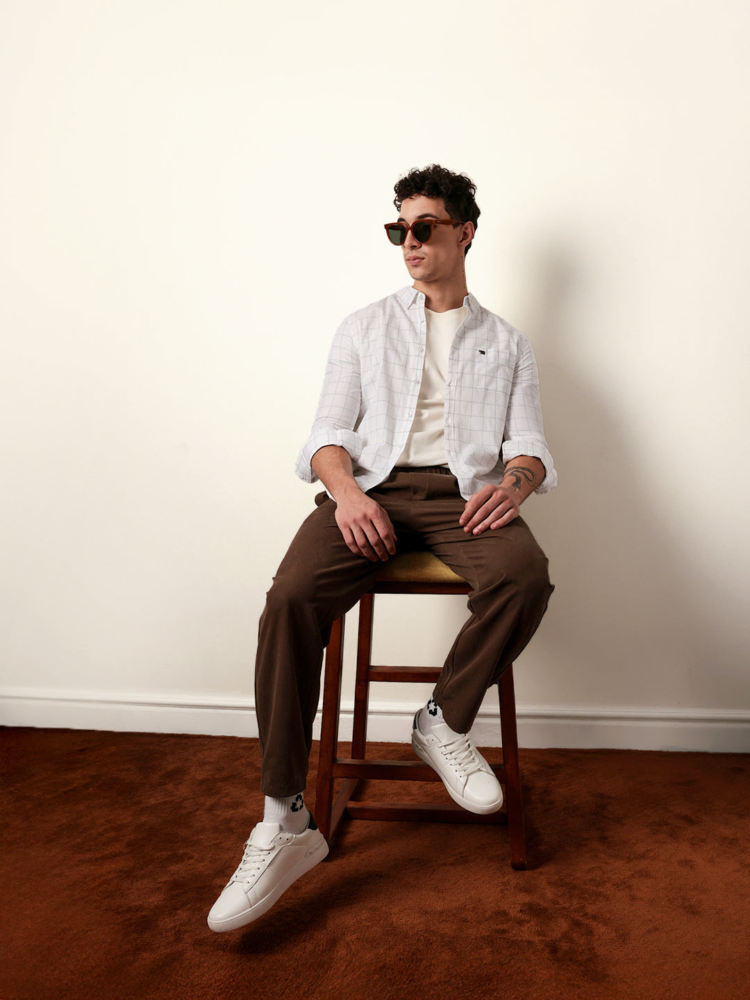 White Slim Fit Casual Shirt with Woven Block Checks