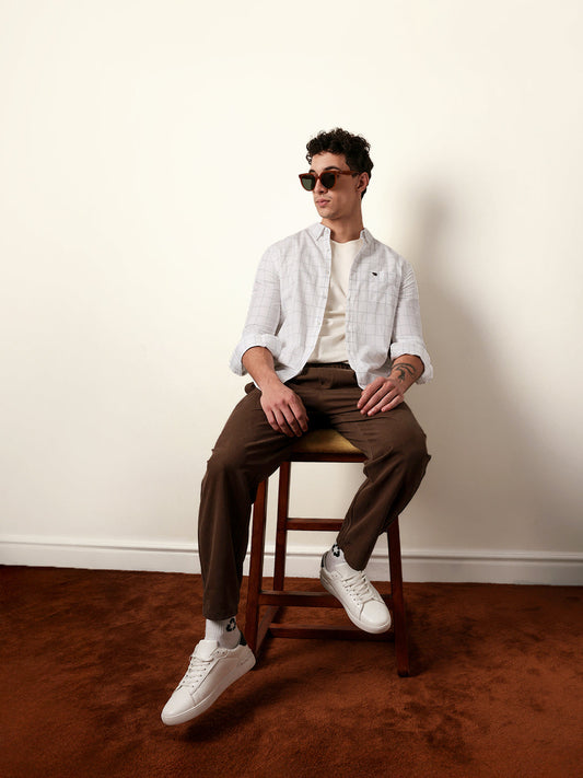 White Slim Fit Casual Shirt with Woven Block Checks