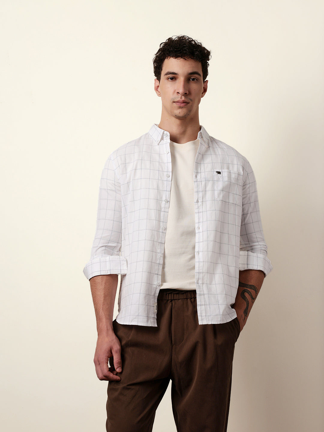 White Slim Fit Casual Shirt with Woven Block Checks