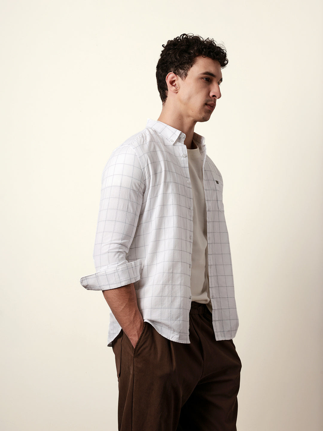 White Slim Fit Casual Shirt with Woven Block Checks