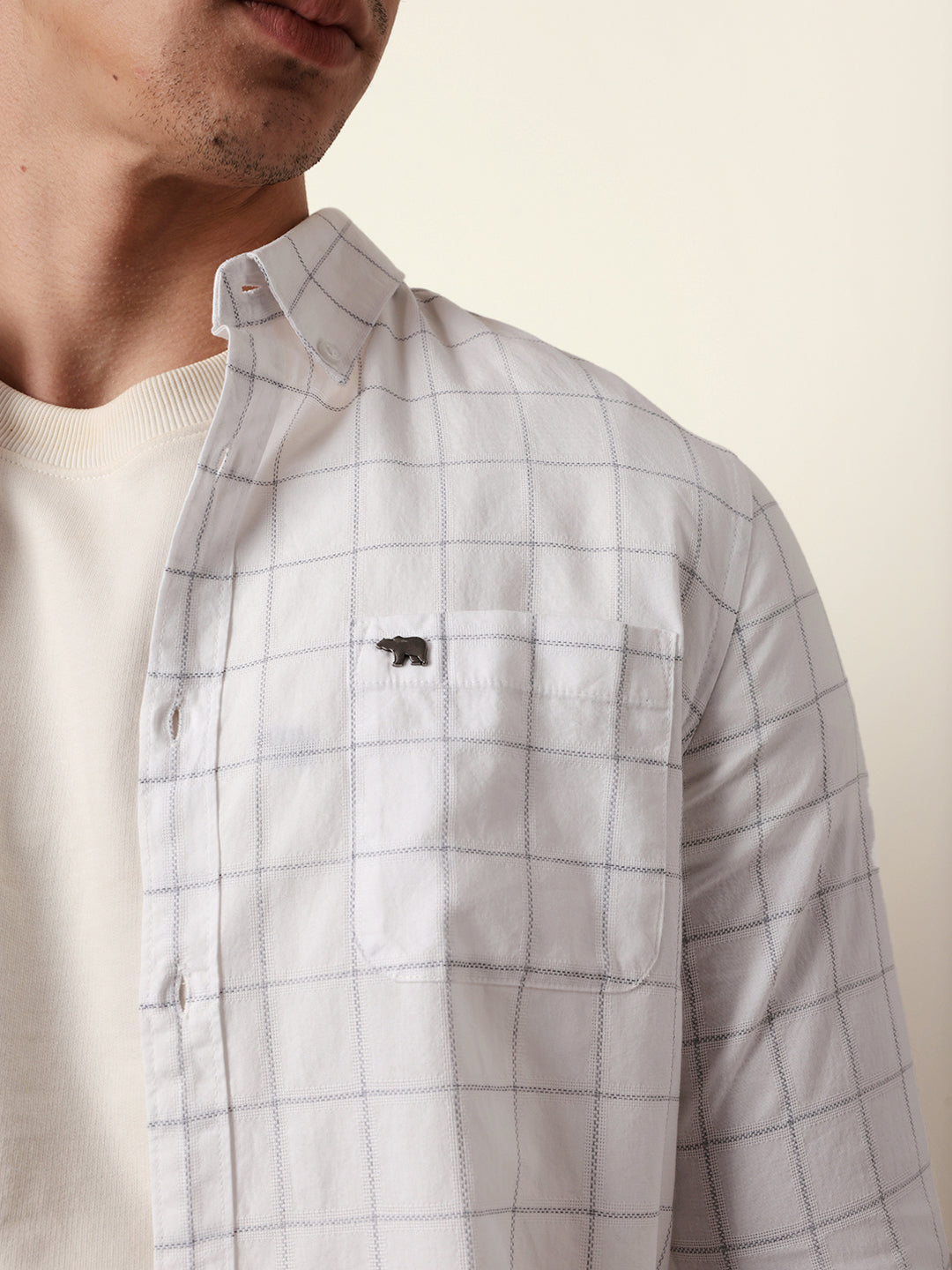 White Slim Fit Casual Shirt with Woven Block Checks