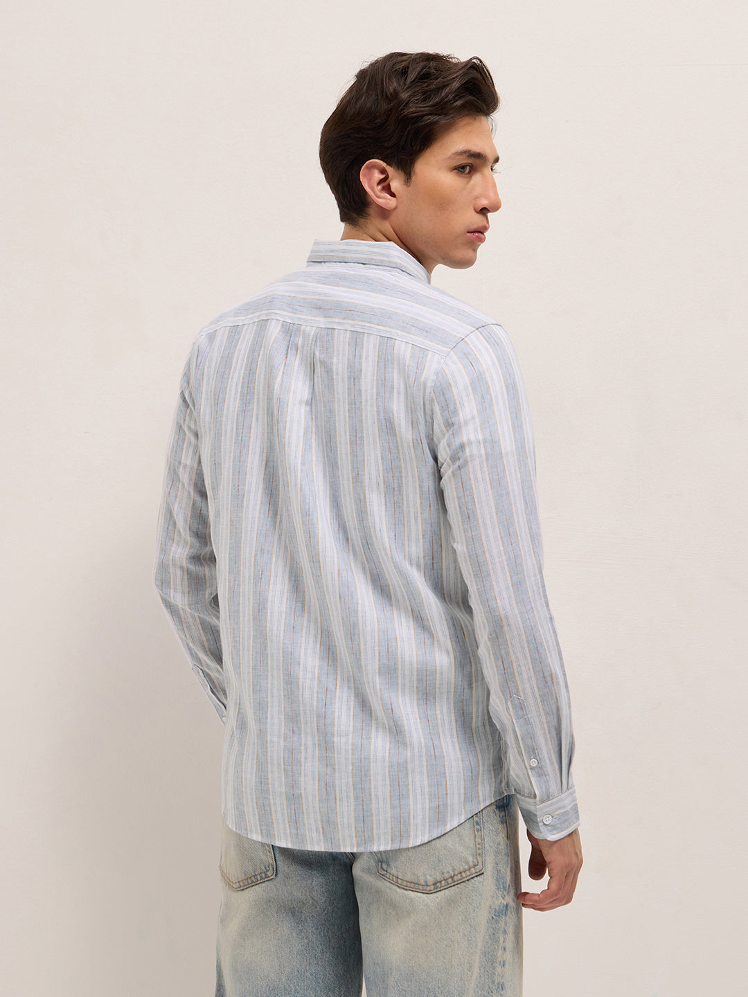 Blue with White Vertical Stripes Slim Fit Casual Shirt