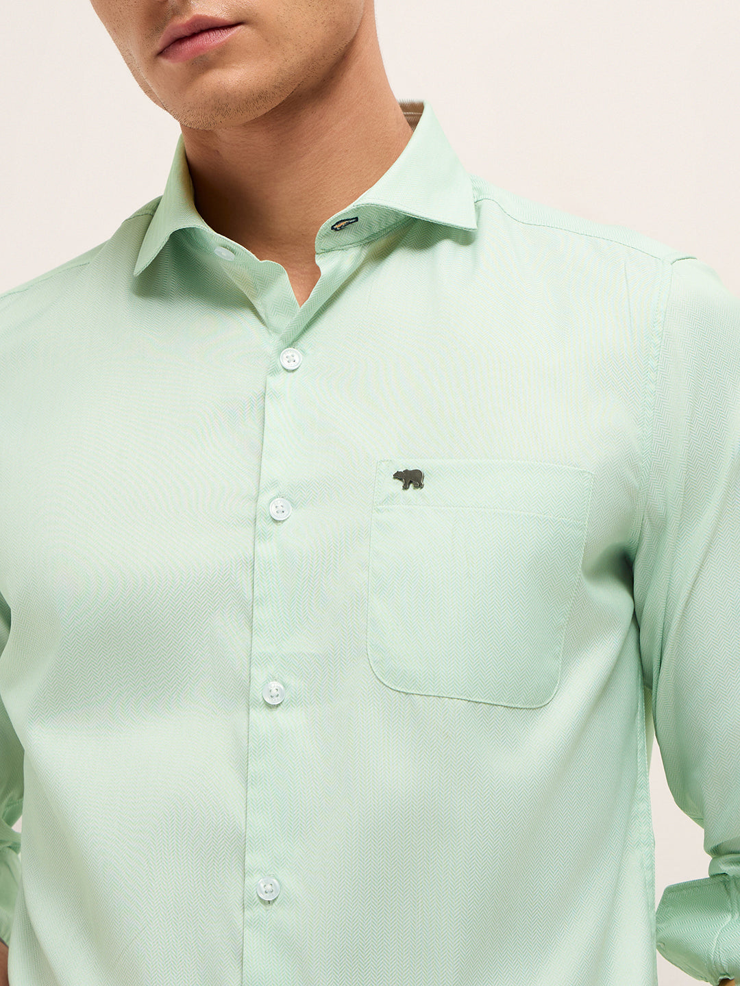 Green Herringbone Woven Tailored Fit Formal Shirt