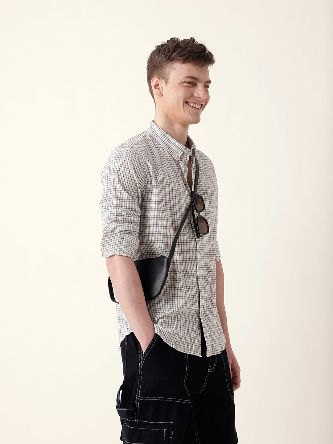 White with Black Woven Micro Checked Slim Fit Casual Shirt