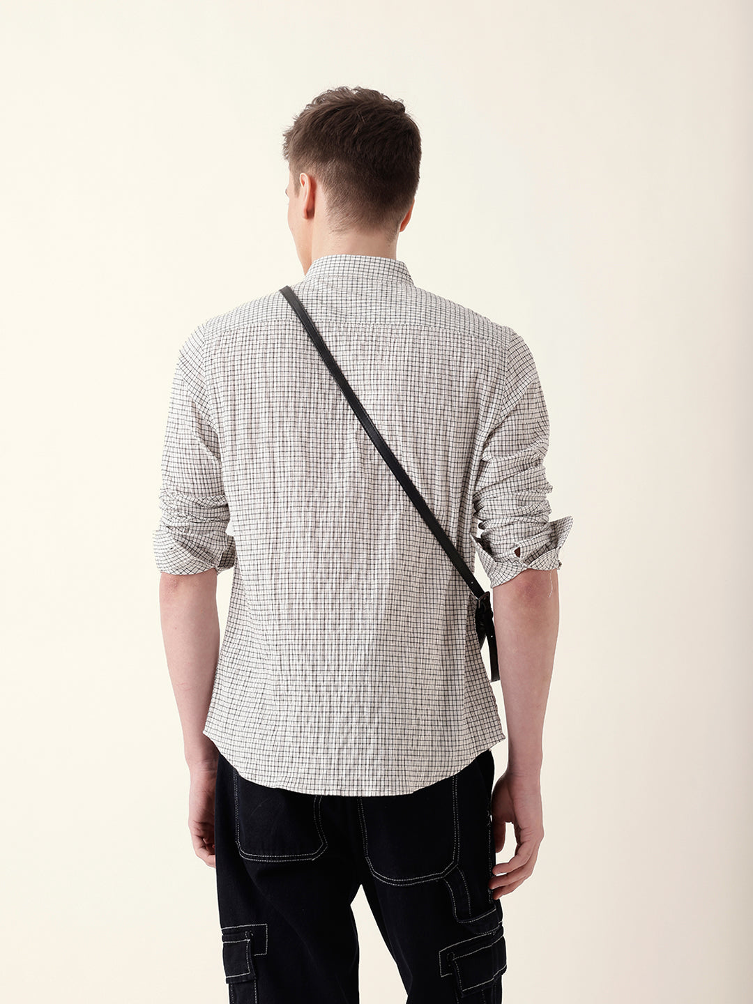 White with Black Woven Micro Checked Slim Fit Casual Shirt