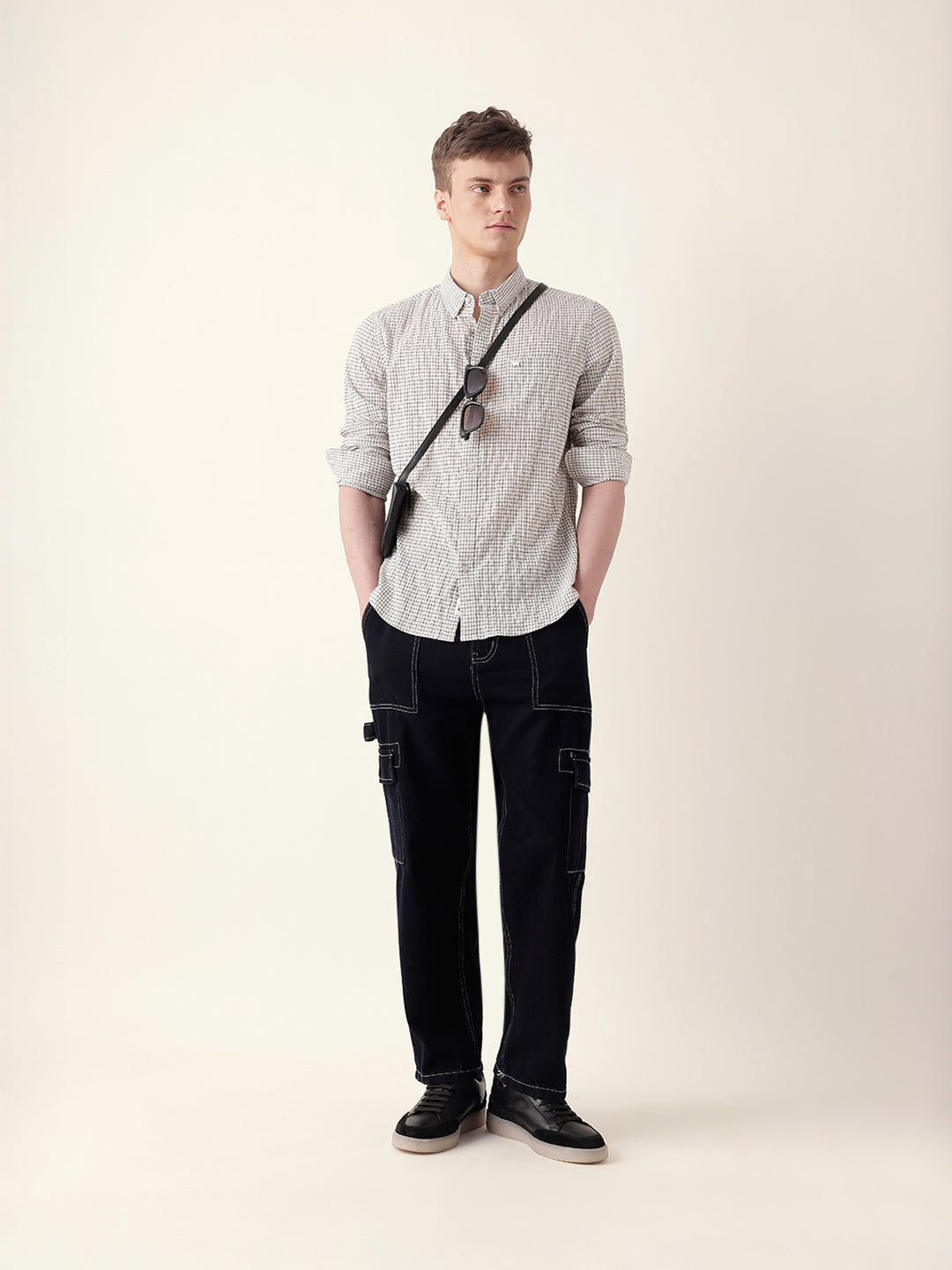 White with Black Woven Micro Checked Slim Fit Casual Shirt