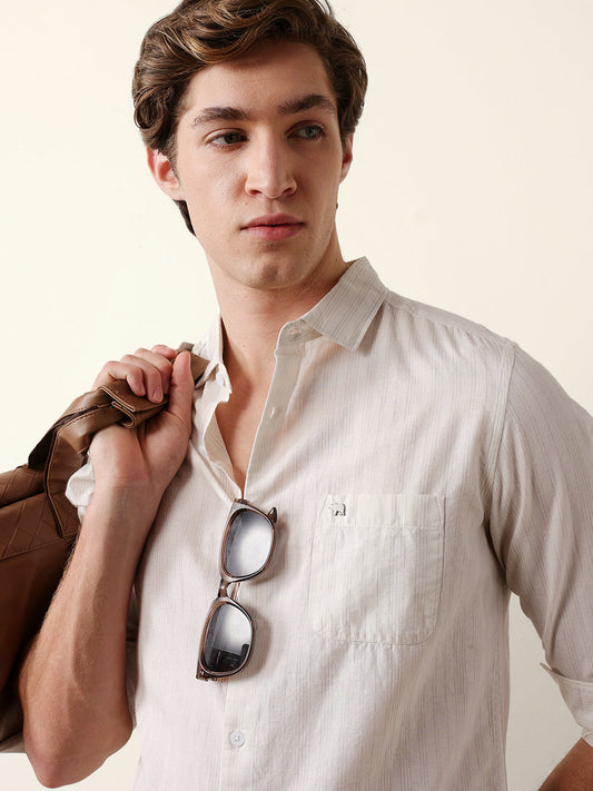 Beige Vertical Pinstripe Slim Fit Casual Shirt