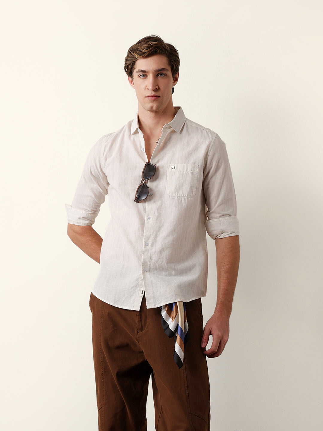 Beige Vertical Pinstripe Slim Fit Casual Shirt