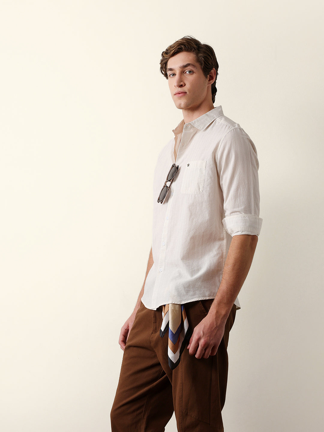 Beige Vertical Pinstripe Slim Fit Casual Shirt