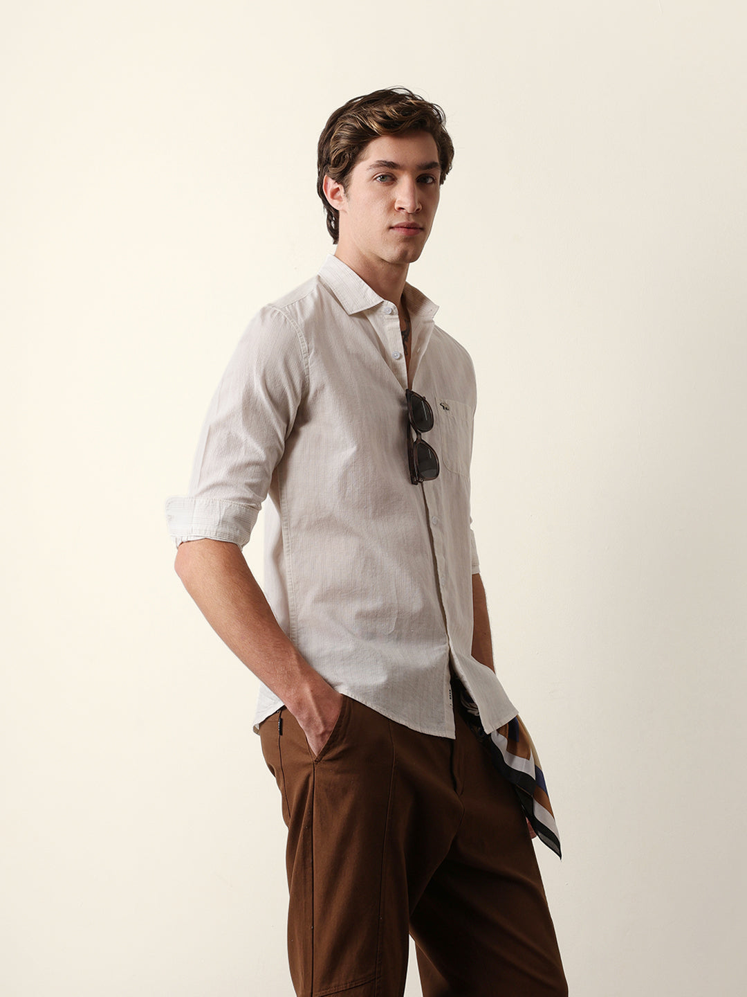 Beige Vertical Pinstripe Slim Fit Casual Shirt