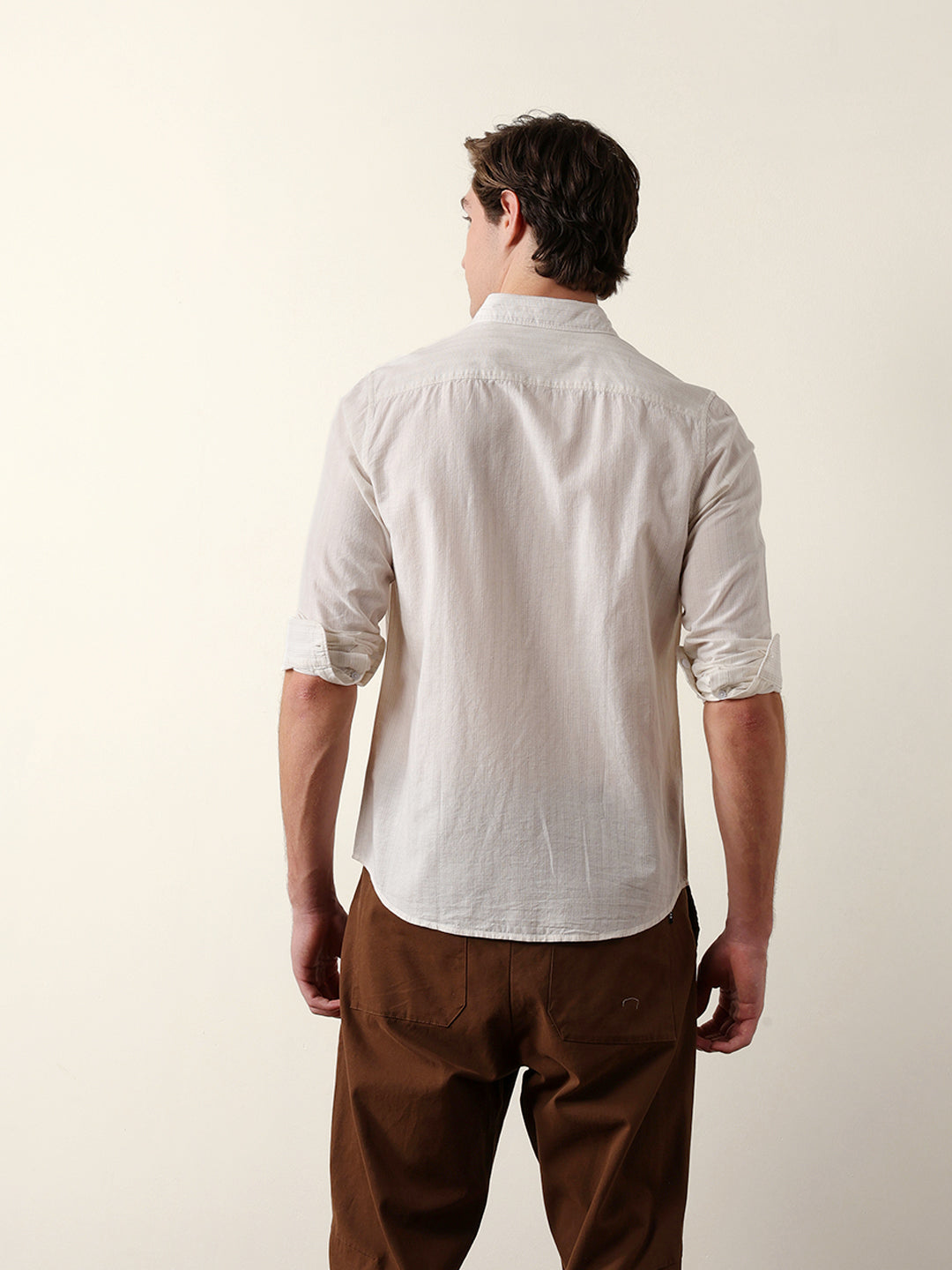 Beige Vertical Pinstripe Slim Fit Casual Shirt