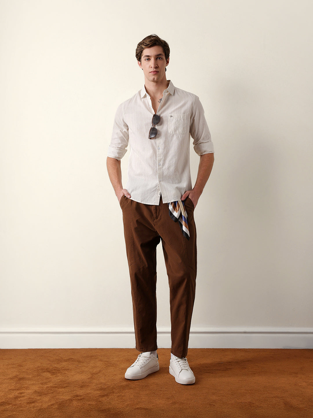 Beige Vertical Pinstripe Slim Fit Casual Shirt