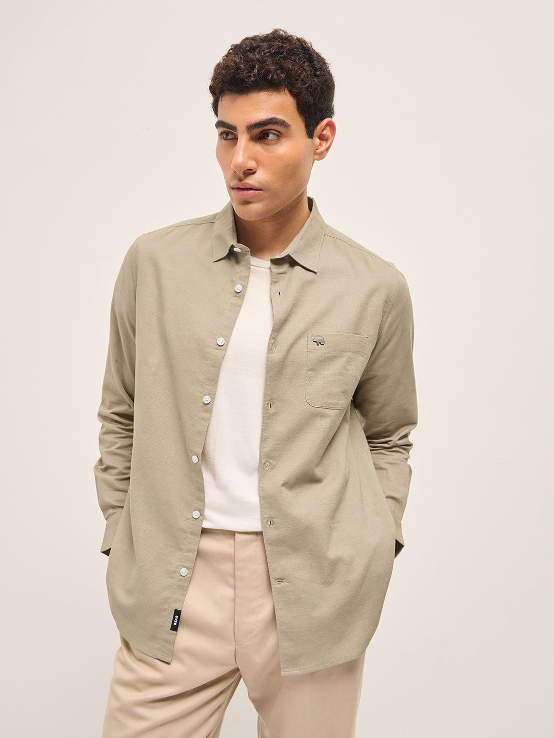Beige Cotton Linen Slim Fit Solid Casual Shirt
