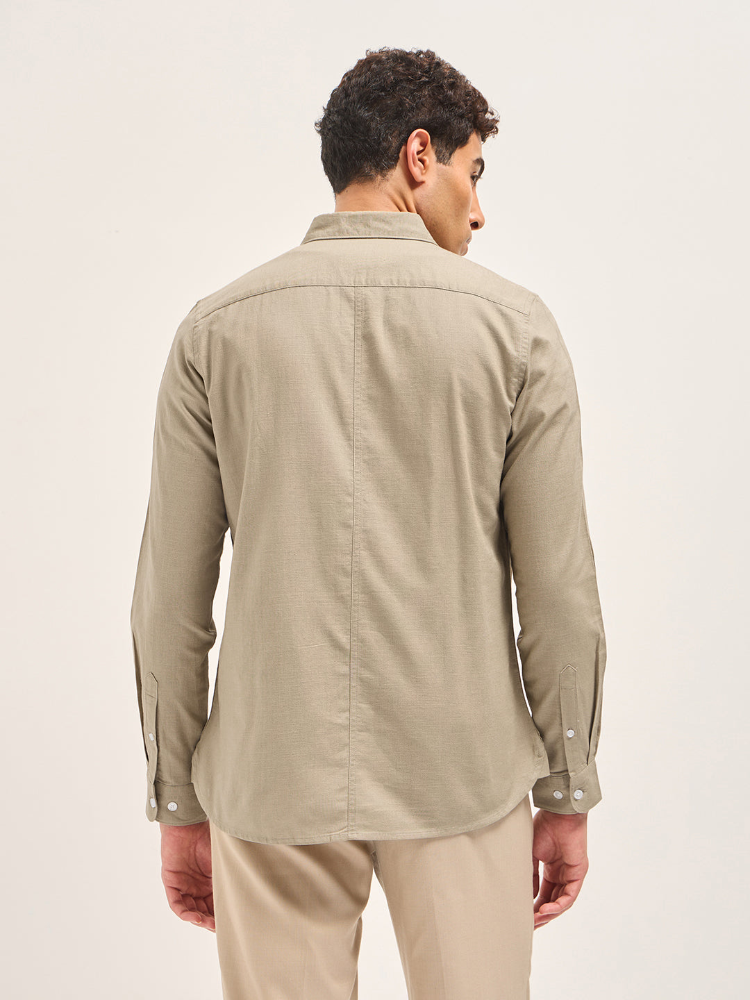 Beige Cotton Linen Slim Fit Solid Casual Shirt