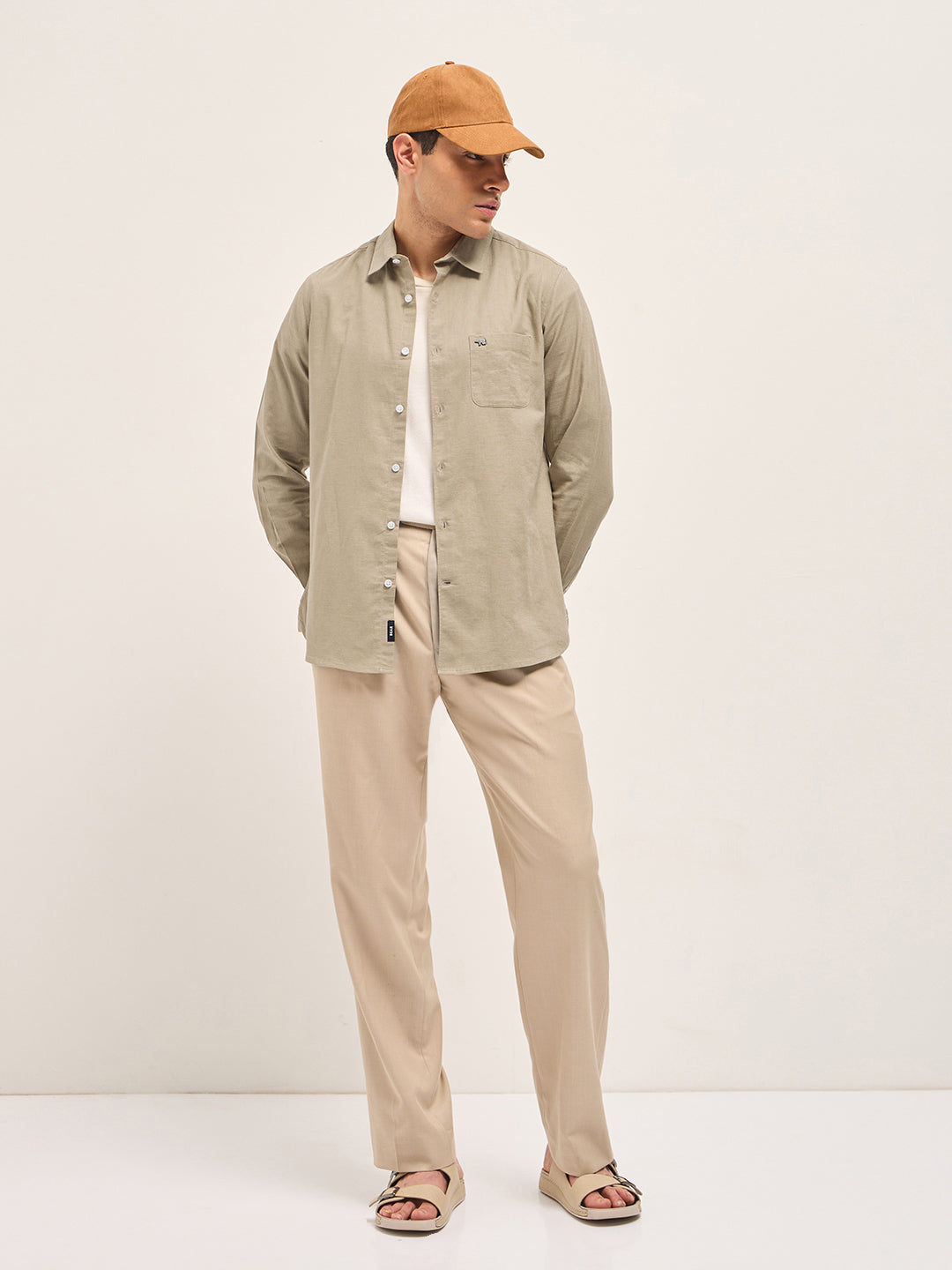 Beige Cotton Linen Slim Fit Solid Casual Shirt
