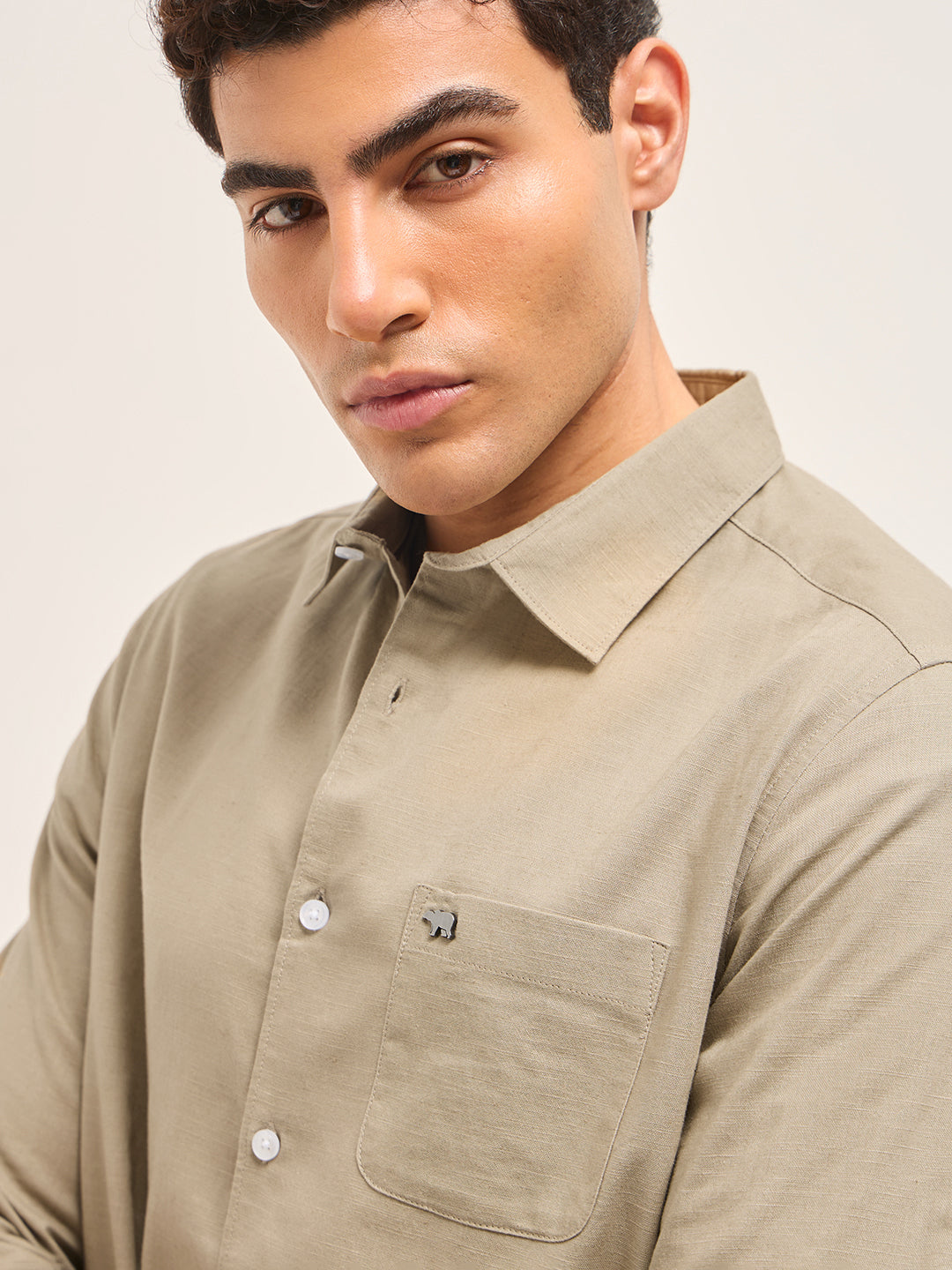 Beige Cotton Linen Slim Fit Solid Casual Shirt