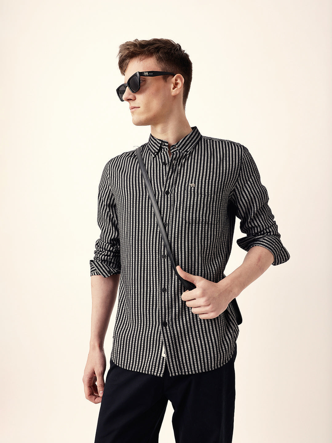 Black & White Vertical Woven Pinstriped Slim Fit Casual Shirt
