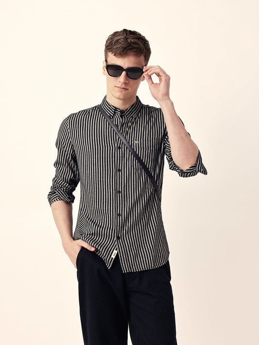 Black & White Vertical Woven Pinstriped Slim Fit Casual Shirt