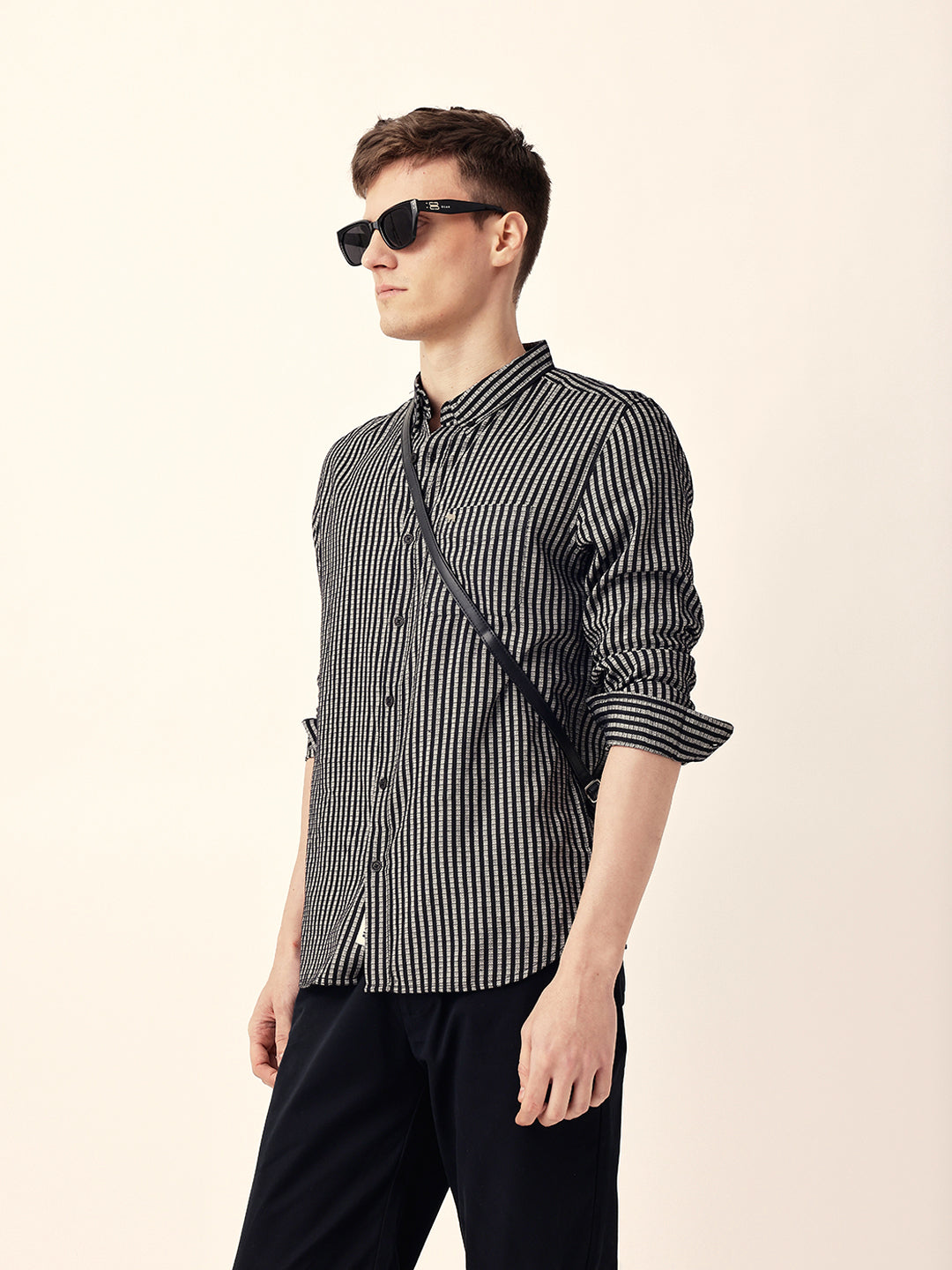 Black & White Vertical Woven Pinstriped Slim Fit Casual Shirt