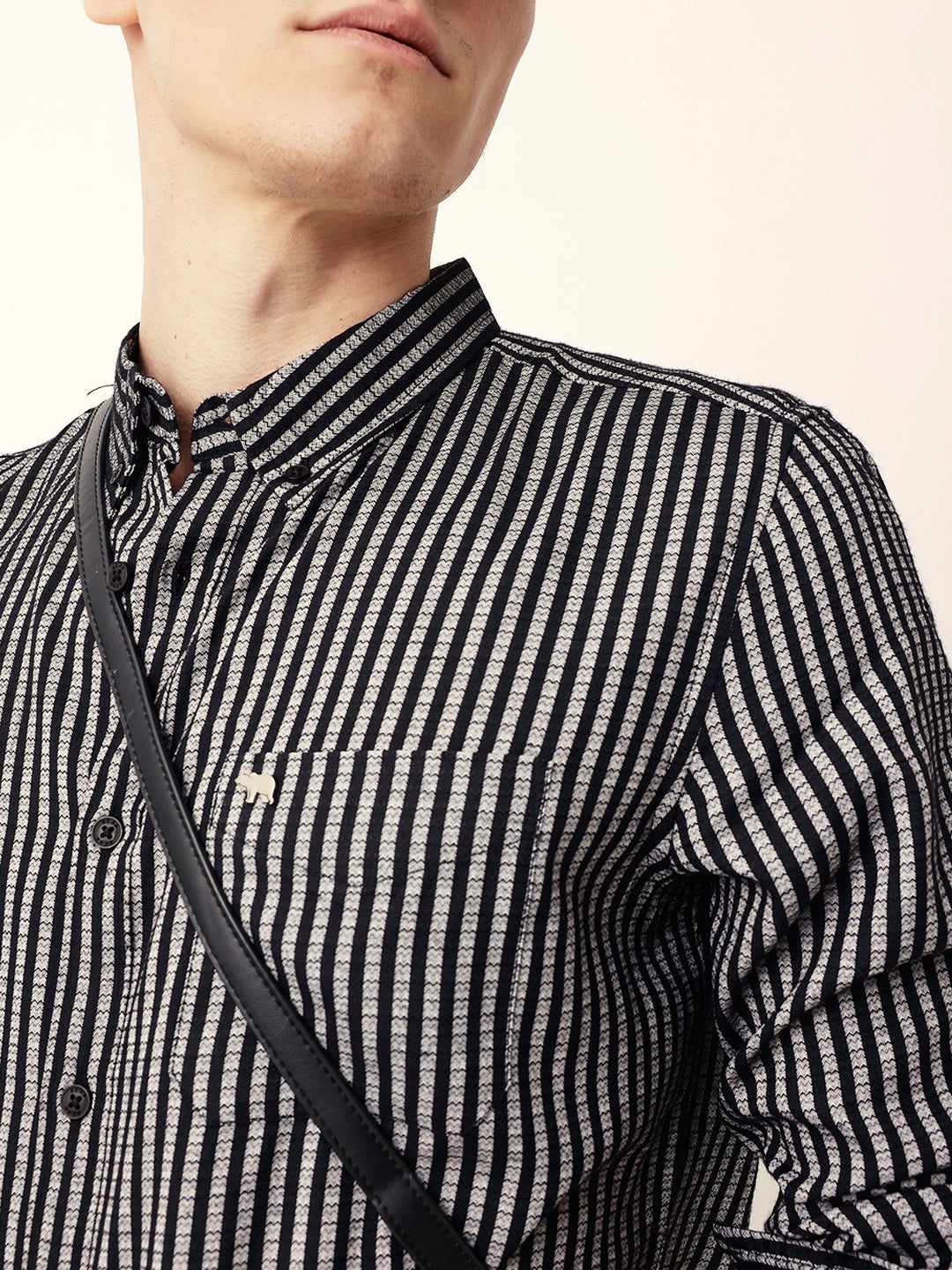 Black & White Vertical Woven Pinstriped Slim Fit Casual Shirt