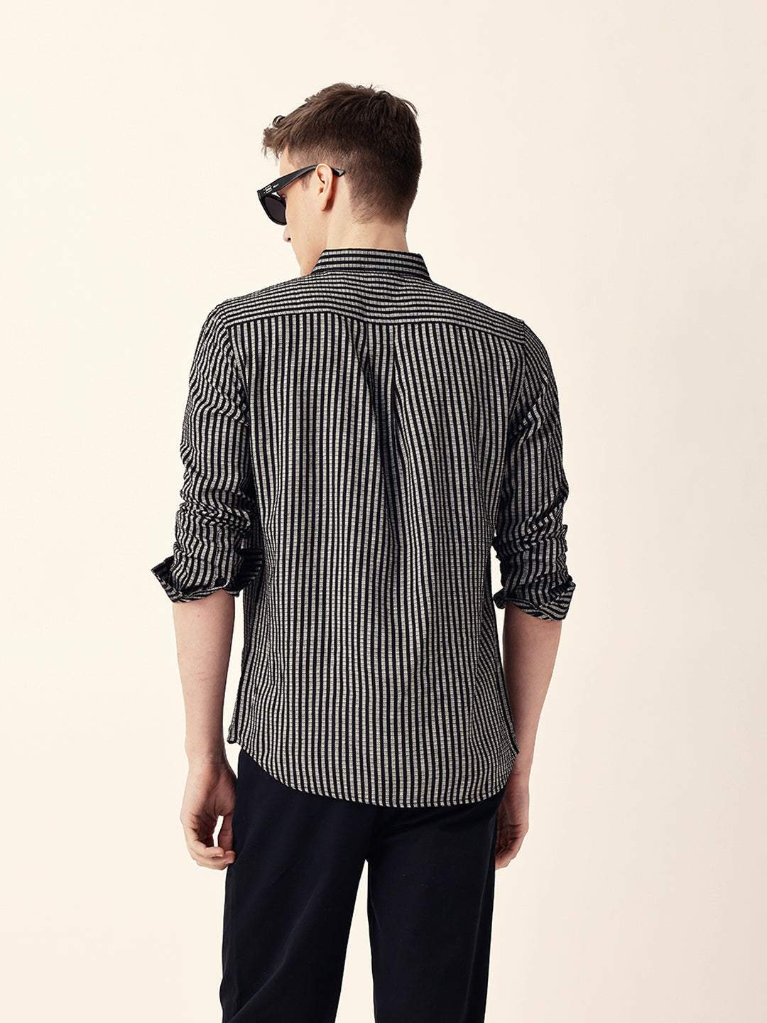 Black & White Vertical Woven Pinstriped Slim Fit Casual Shirt