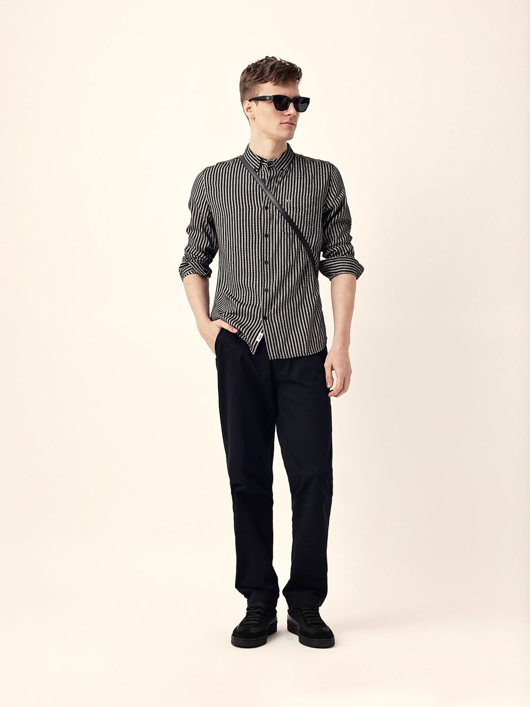 Black & White Vertical Woven Pinstriped Slim Fit Casual Shirt