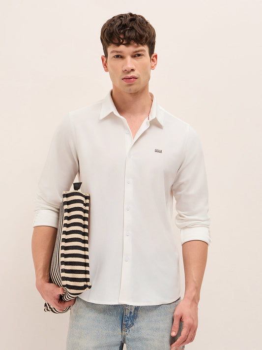 White Woven Textured Regular Fit Casual Shirt